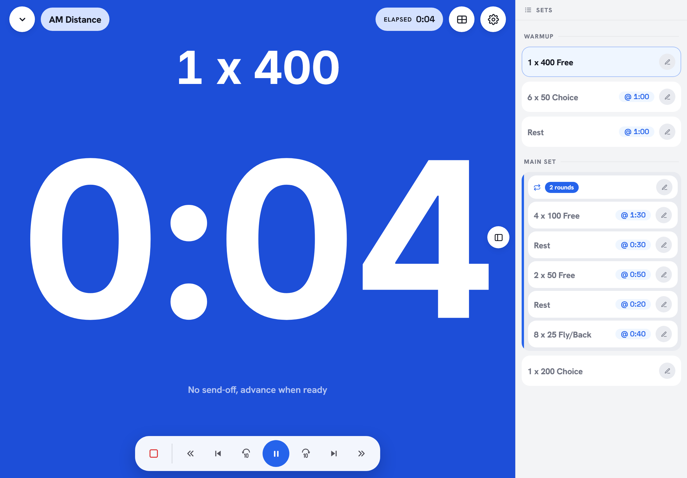 The SwimZen iPad pace clock running a set, with the current interval and the next send-off