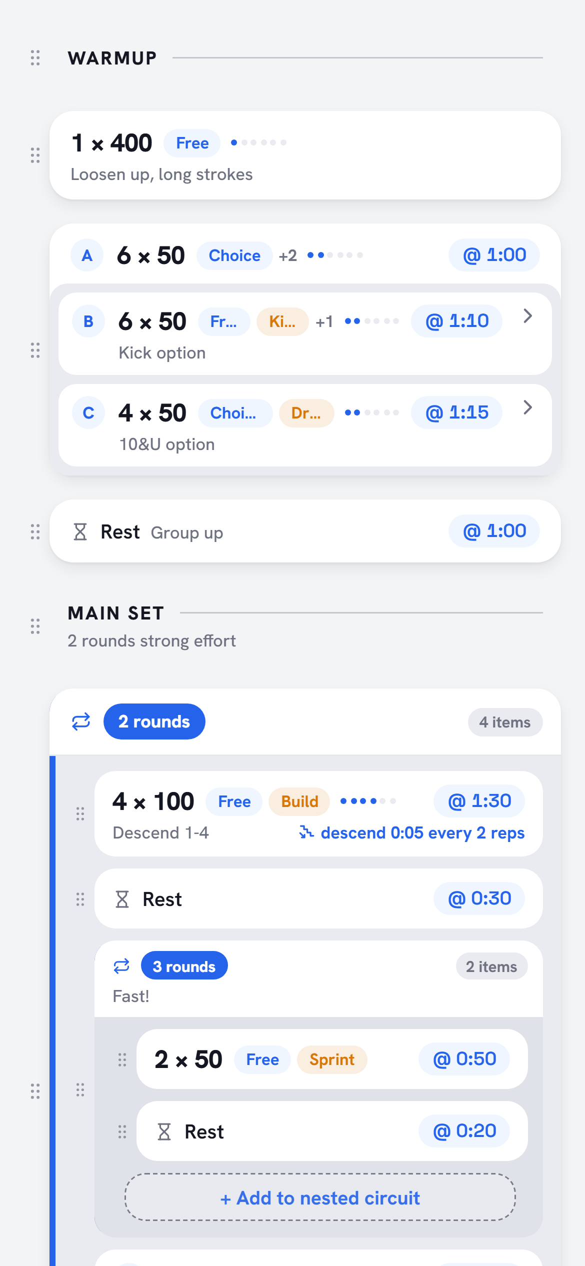 The SwimZen iPhone app showing the same practice in the Set Builder